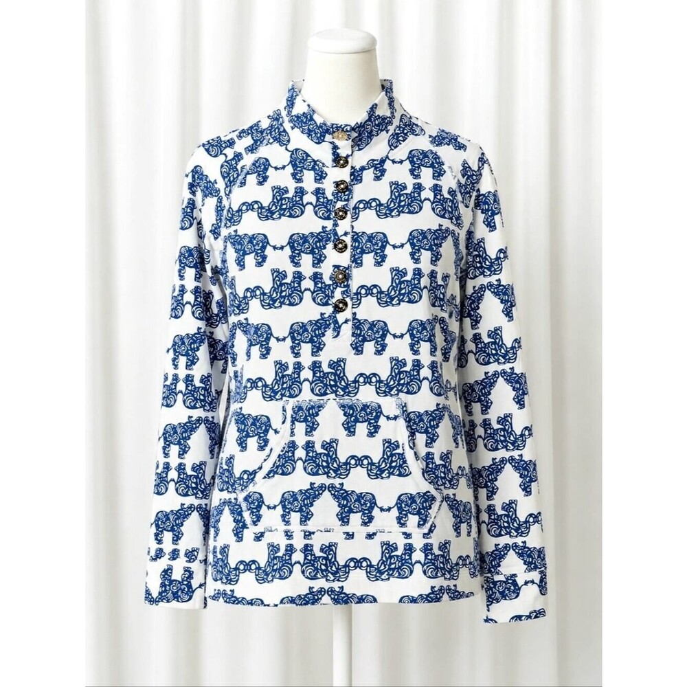 Lilly Pulitzer Blue White Pack Your Trunks Elephant Half Button Captain Popover
